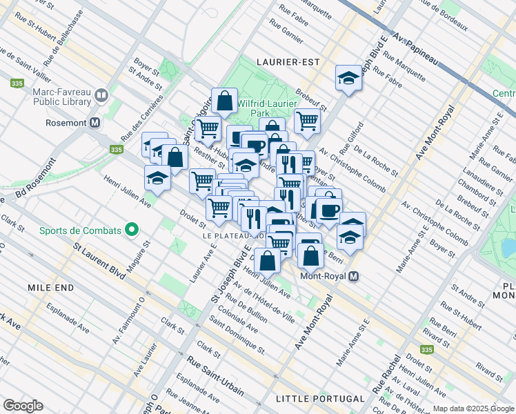 map of restaurants, bars, coffee shops, grocery stores, and more near 5030 Rue Berri in Montréal