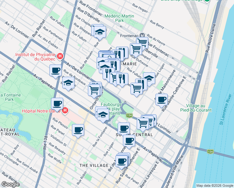 map of restaurants, bars, coffee shops, grocery stores, and more near 1863 Avenue De Lorimier in Montréal