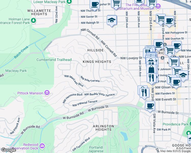 map of restaurants, bars, coffee shops, grocery stores, and more near 708 Northwest Albemarle Terrace in Portland