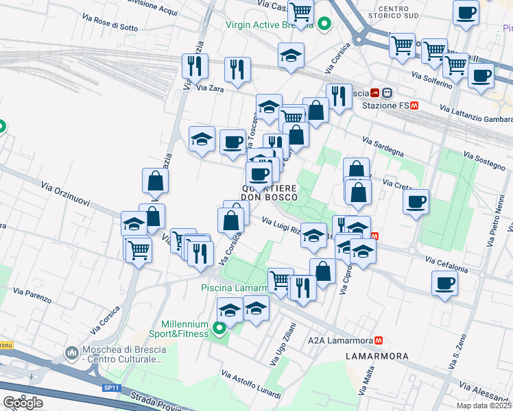 map of restaurants, bars, coffee shops, grocery stores, and more near 134 Via Corsica in Brescia
