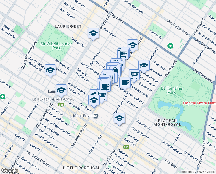 map of restaurants, bars, coffee shops, grocery stores, and more near 1007 Mount Royal Avenue East in Montréal