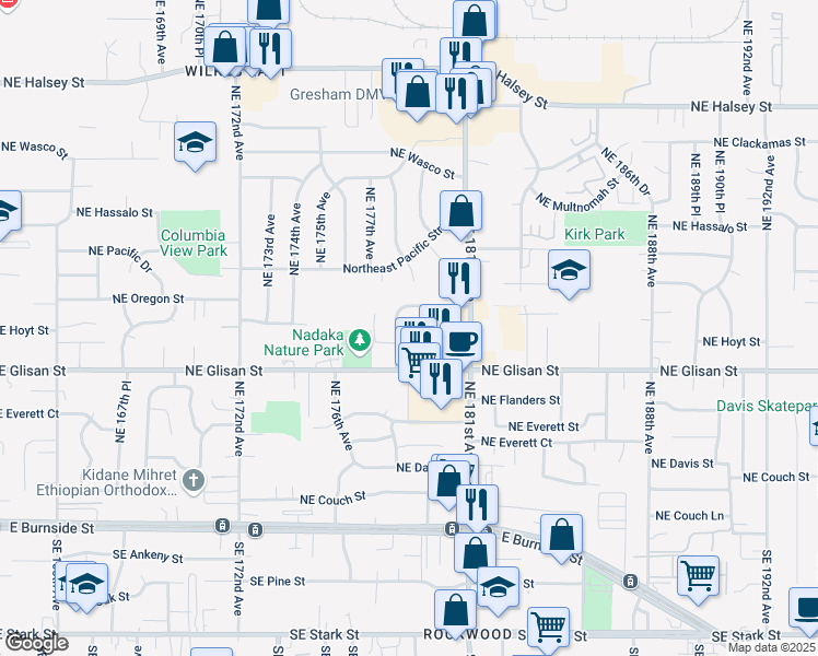 map of restaurants, bars, coffee shops, grocery stores, and more near 736 Northeast 178th Avenue in Portland