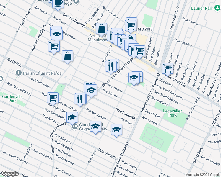 map of restaurants, bars, coffee shops, grocery stores, and more near 1562 Rue Daniel in Longueuil