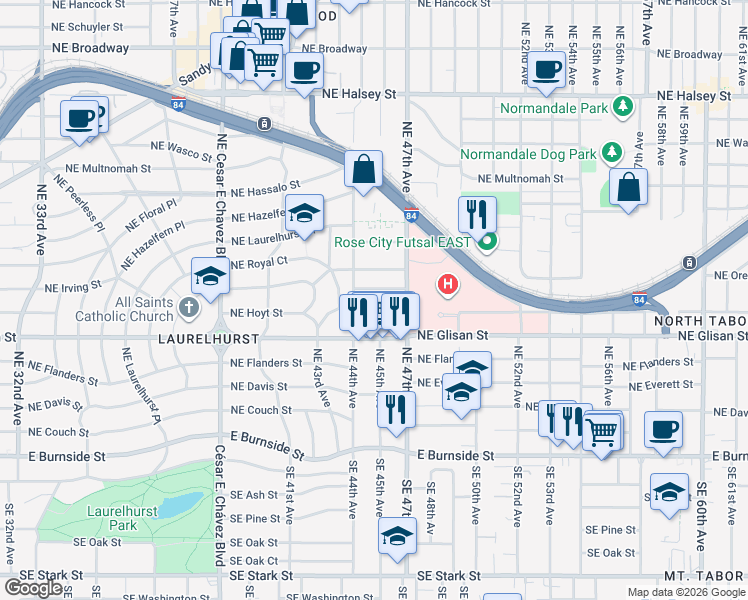 map of restaurants, bars, coffee shops, grocery stores, and more near 4405-4527 Northeast Hoyt Street in Portland