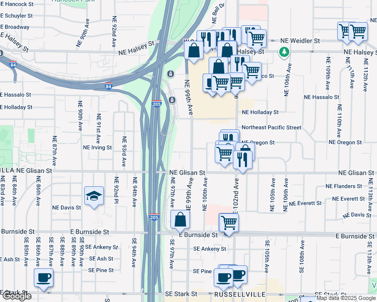 map of restaurants, bars, coffee shops, grocery stores, and more near 9837 Northeast Irving Street in Portland
