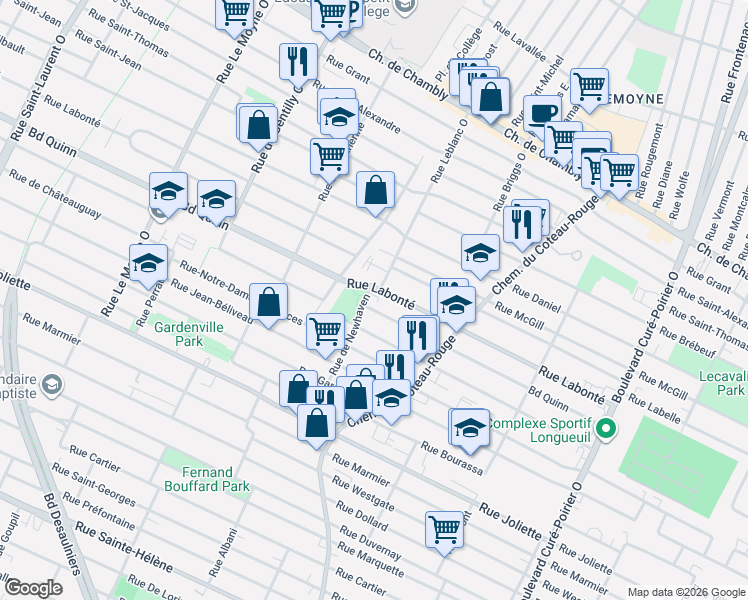 map of restaurants, bars, coffee shops, grocery stores, and more near 470 Rue de Newhaven in Longueuil