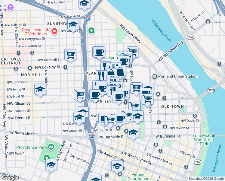 map of restaurants, bars, coffee shops, grocery stores, and more near 618 Northwest 12th Avenue in Portland
