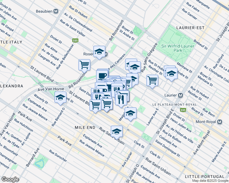 map of restaurants, bars, coffee shops, grocery stores, and more near 5455 Avenue de Gaspé in Montréal