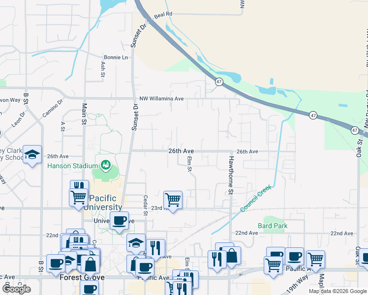 map of restaurants, bars, coffee shops, grocery stores, and more near 2439 26th Avenue in Forest Grove
