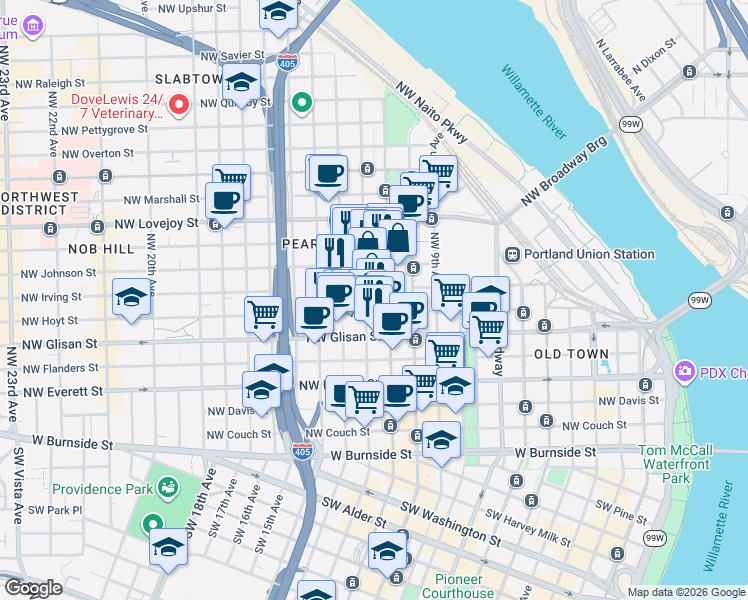 map of restaurants, bars, coffee shops, grocery stores, and more near 618 Northwest 12th Avenue in Portland