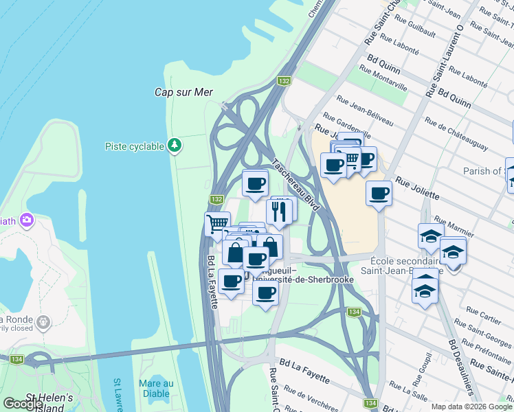 map of restaurants, bars, coffee shops, grocery stores, and more near 110 Rue de la Barre in Longueuil