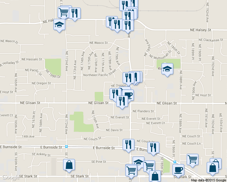 map of restaurants, bars, coffee shops, grocery stores, and more near 736 Northeast 178th Avenue in Portland