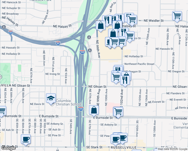 map of restaurants, bars, coffee shops, grocery stores, and more near 9737 Northeast Irving Street in Portland