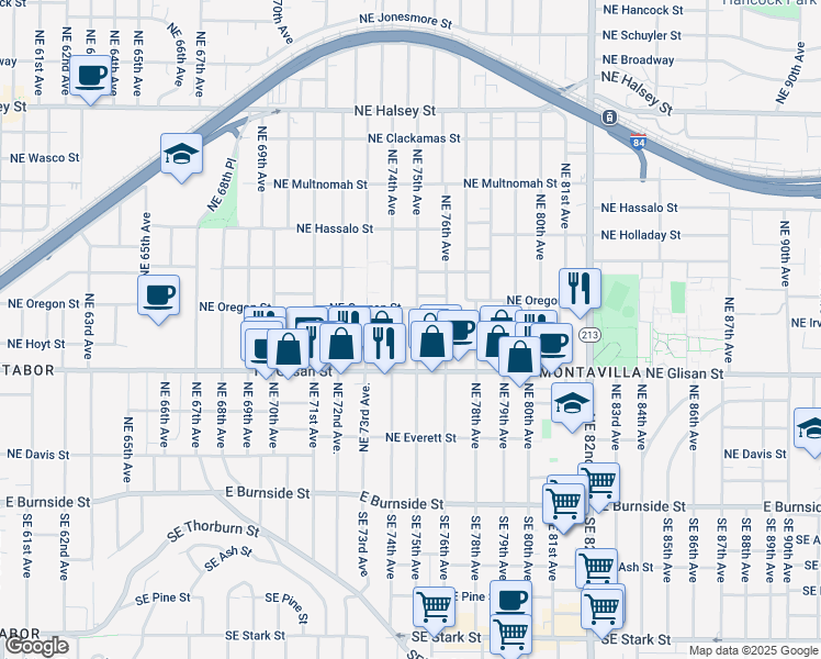 map of restaurants, bars, coffee shops, grocery stores, and more near 7432 Northeast Oregon Street in Portland