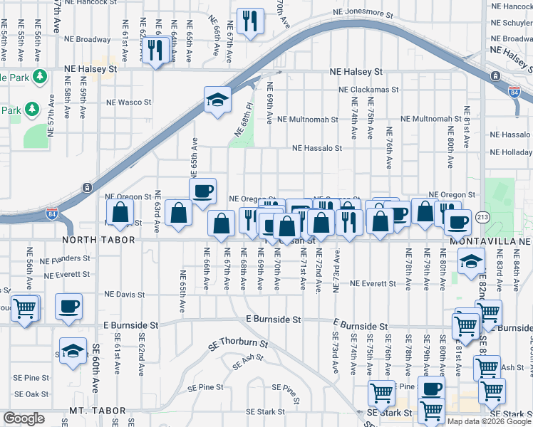 map of restaurants, bars, coffee shops, grocery stores, and more near 720 Northeast 69th Avenue in Portland