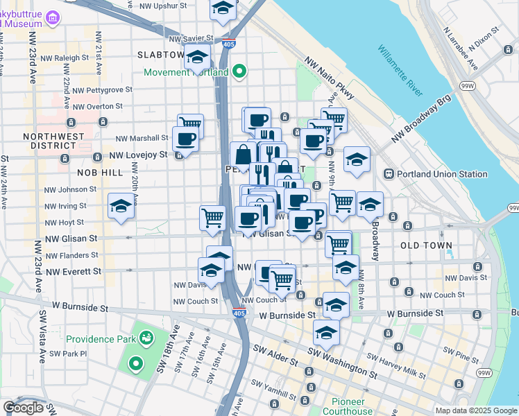 map of restaurants, bars, coffee shops, grocery stores, and more near 710 Northwest 14th Avenue in Portland