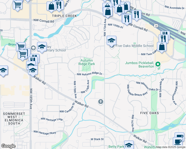 map of restaurants, bars, coffee shops, grocery stores, and more near 1160 Northwest 175th Place in Beaverton