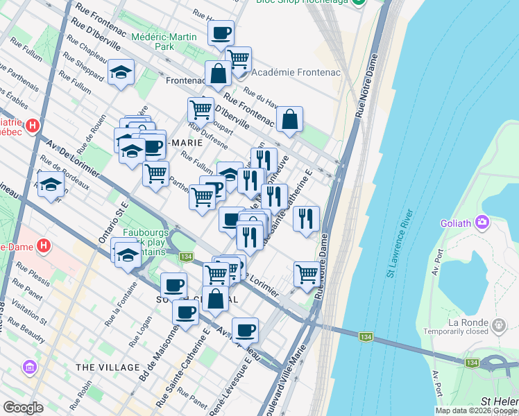 map of restaurants, bars, coffee shops, grocery stores, and more near 1460 Rue Fullum in Montréal