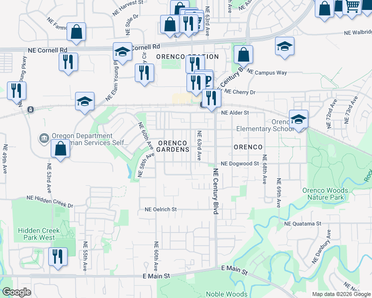 map of restaurants, bars, coffee shops, grocery stores, and more near 6229 Northeast Chestnut Street in Hillsboro