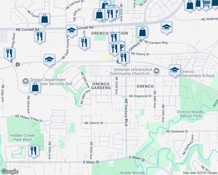 map of restaurants, bars, coffee shops, grocery stores, and more near 6229 Northeast Chestnut Street in Hillsboro