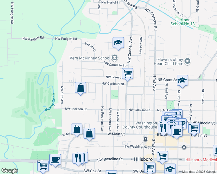 map of restaurants, bars, coffee shops, grocery stores, and more near 675 Northwest Garibaldi Street in Hillsboro