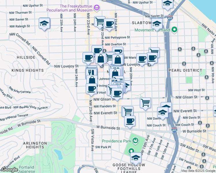 map of restaurants, bars, coffee shops, grocery stores, and more near 2166 Northwest Irving Street in Portland