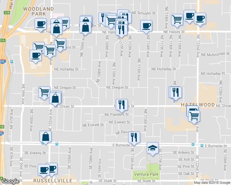 map of restaurants, bars, coffee shops, grocery stores, and more near 710 Northeast 110th Avenue in Portland