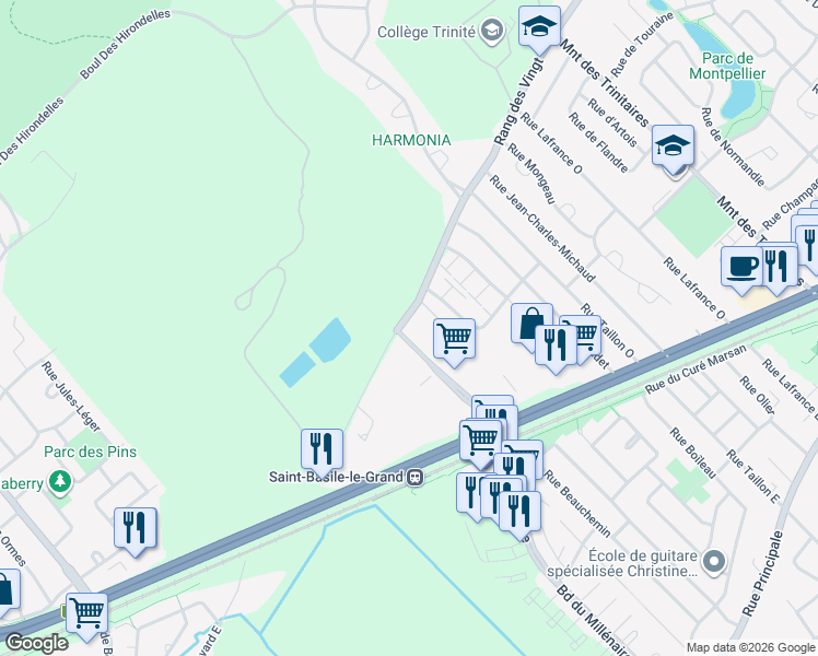 map of restaurants, bars, coffee shops, grocery stores, and more near 288 Rang des Vingt in Saint-Basile-le-Grand