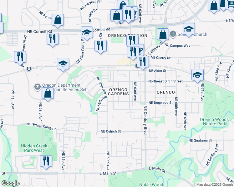 map of restaurants, bars, coffee shops, grocery stores, and more near 6098 Northeast Chestnut Street in Hillsboro