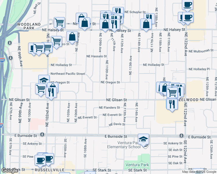 map of restaurants, bars, coffee shops, grocery stores, and more near 710 Northeast 110th Avenue in Portland