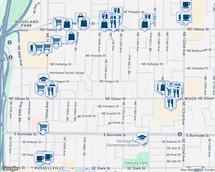 map of restaurants, bars, coffee shops, grocery stores, and more near 710 Northeast 110th Avenue in Portland