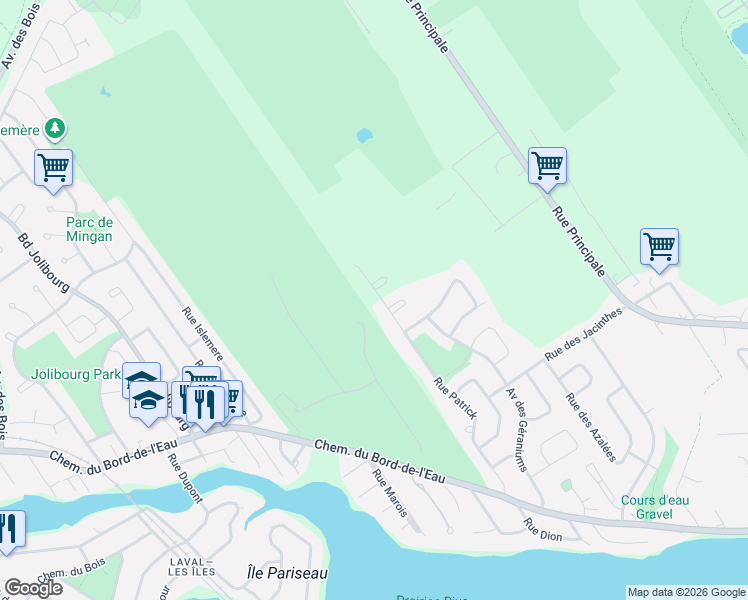 map of restaurants, bars, coffee shops, grocery stores, and more near 1290 Rue Patrick in Laval