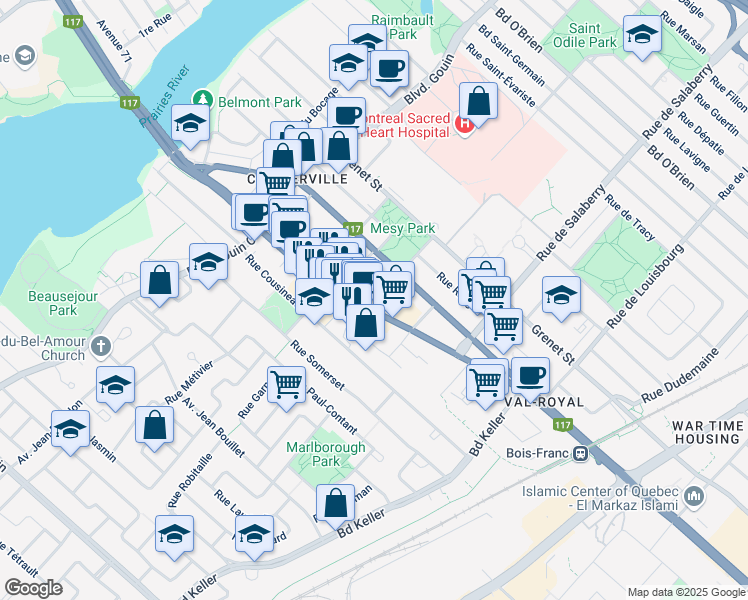 map of restaurants, bars, coffee shops, grocery stores, and more near 6011 Rue Emile Nelligan in Montreal