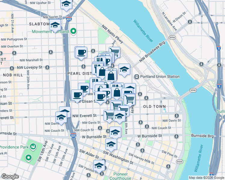 map of restaurants, bars, coffee shops, grocery stores, and more near in Portland