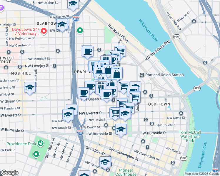map of restaurants, bars, coffee shops, grocery stores, and more near 1009 Northwest Hoyt Street in Portland