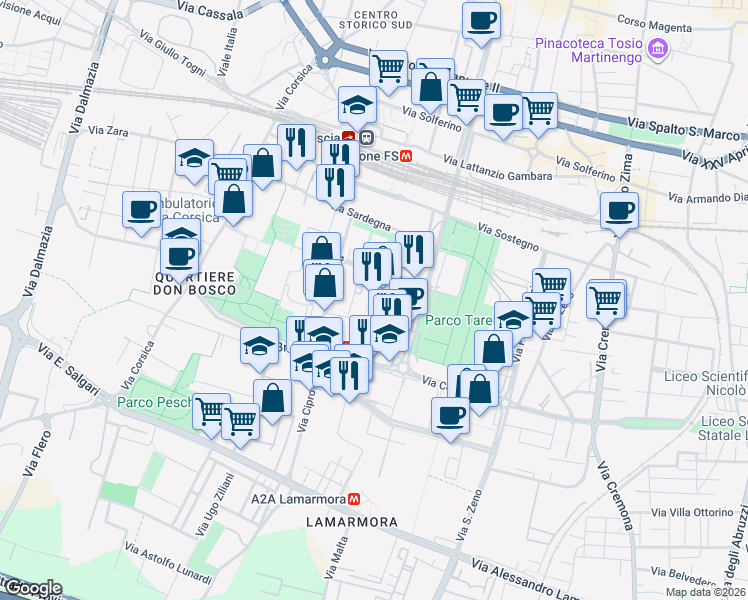 map of restaurants, bars, coffee shops, grocery stores, and more near 74 Via Creta in Brescia