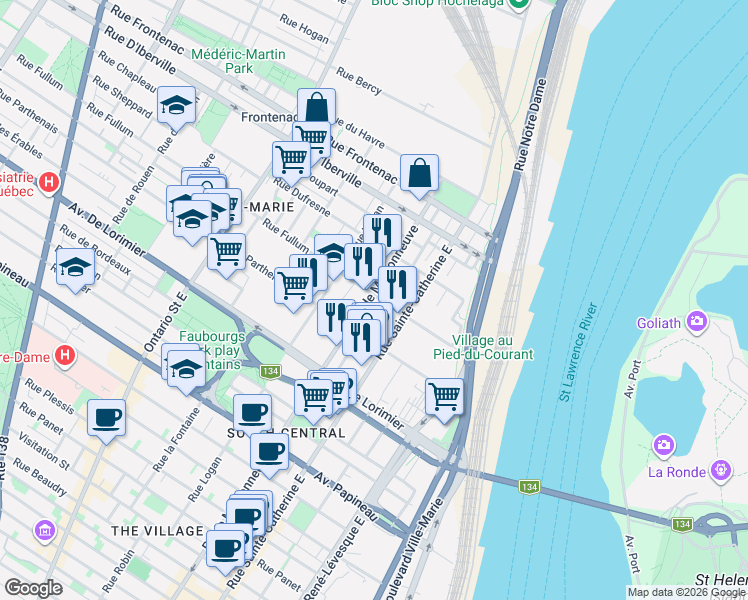 map of restaurants, bars, coffee shops, grocery stores, and more near 1462 Rue Fullum in Montréal
