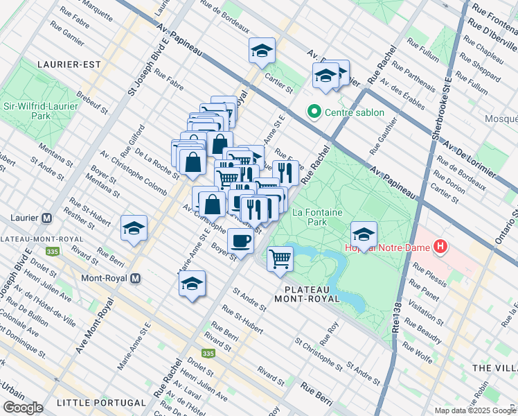 map of restaurants, bars, coffee shops, grocery stores, and more near 4257 Rue de Brébeuf in Montréal