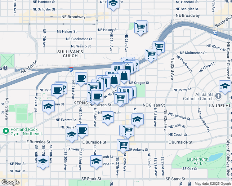 map of restaurants, bars, coffee shops, grocery stores, and more near 630 Northeast Lawrence Avenue in Portland