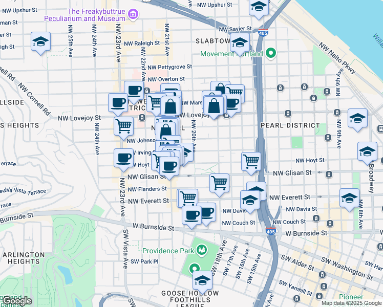 map of restaurants, bars, coffee shops, grocery stores, and more near 2004 Northwest Irving Street in Portland
