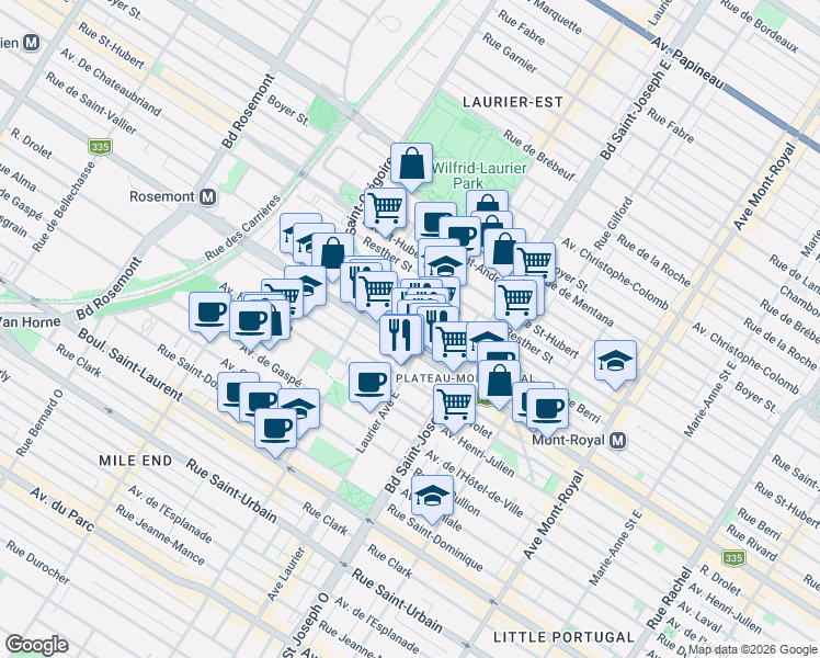 map of restaurants, bars, coffee shops, grocery stores, and more near 5152 Rue Rivard in Montréal