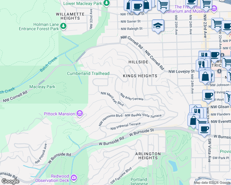 map of restaurants, bars, coffee shops, grocery stores, and more near 2846 Northwest Ariel Terrace in Portland