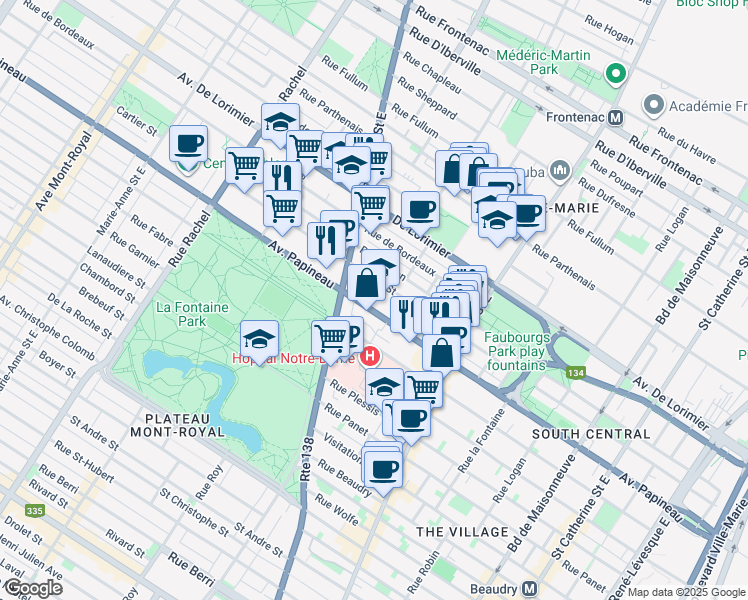 map of restaurants, bars, coffee shops, grocery stores, and more near in Montreal