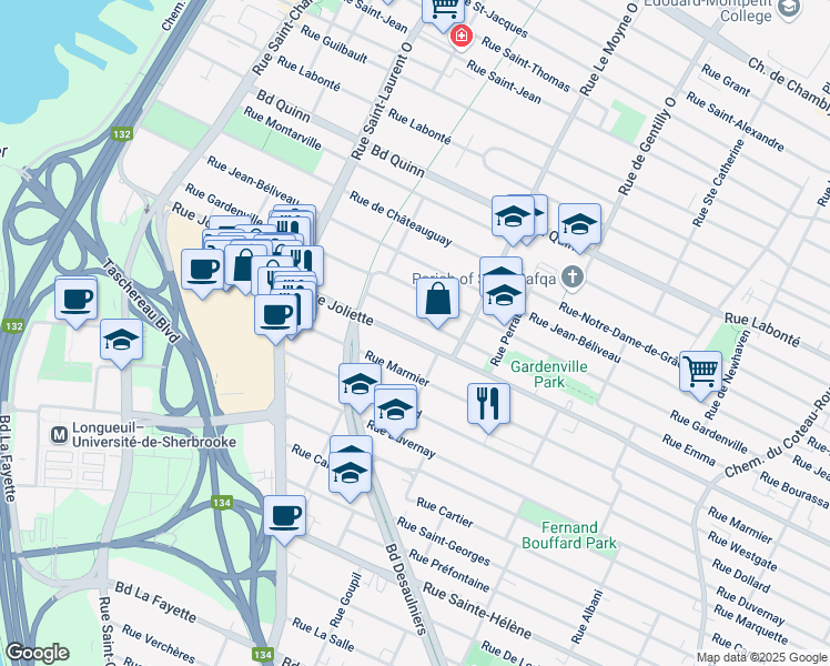 map of restaurants, bars, coffee shops, grocery stores, and more near 687 Rue Joliette in Longueuil