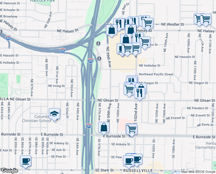 map of restaurants, bars, coffee shops, grocery stores, and more near 9837 Northeast Irving Street in Portland