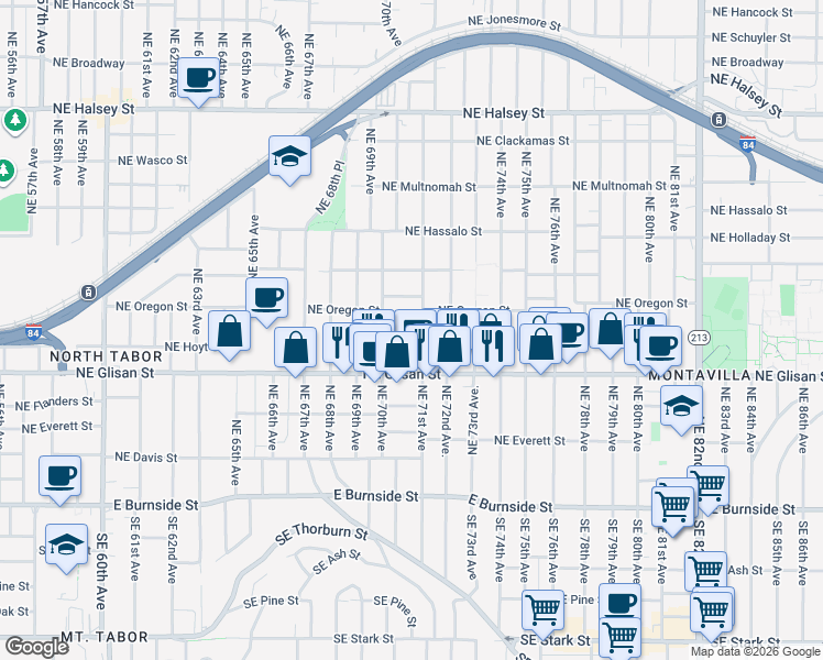 map of restaurants, bars, coffee shops, grocery stores, and more near 7052 Northeast Irving Street in Portland