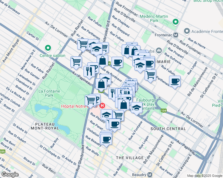 map of restaurants, bars, coffee shops, grocery stores, and more near 2202 Rue Cartier in Montréal