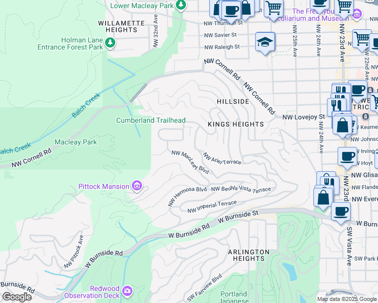 map of restaurants, bars, coffee shops, grocery stores, and more near 636 Northwest Macleay Boulevard in Portland