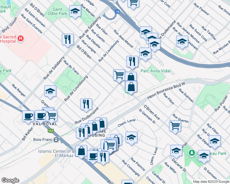 map of restaurants, bars, coffee shops, grocery stores, and more near 5100 Rue Dudemaine in Montréal