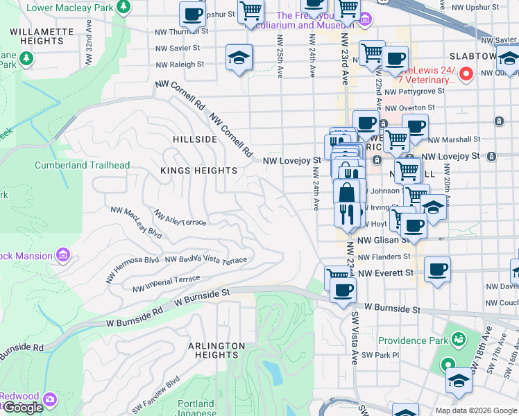 map of restaurants, bars, coffee shops, grocery stores, and more near 693 NW Westover Terrace in Portland